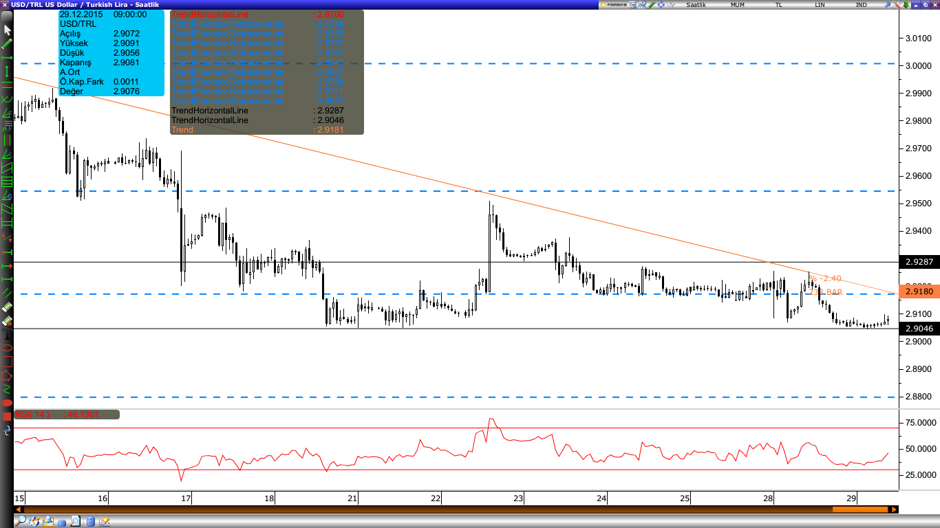 Dolar/Lira 2.9560 seviyesinde bulunan destek noktasının Fed kararı ile birlikte aşağı yönde kırıldığı görülüyor. Olumlu algının kur işlemlerinde 2.9400-2.
