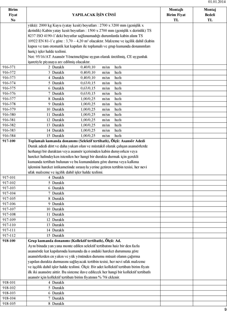 (genişlik x derinlik) TS 8237 ISO 4190-1 deki boyutlar sağlanamadığı durumlarda kabin alanı TS 10922 EN 81-1 e göre : 3,70 4,20 m² olacaktır.