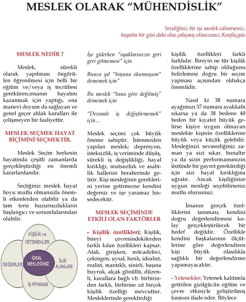 kuralları ile çelişmeyen bir faaliyettir. MESLEK SEÇMEK HAYAT BİÇİMİNİ SEÇMEKTİR. Meslek Seçim herkesin hayatında çeşitli zamanlarda gerçekleştirdiği en önemli kararlardandır.