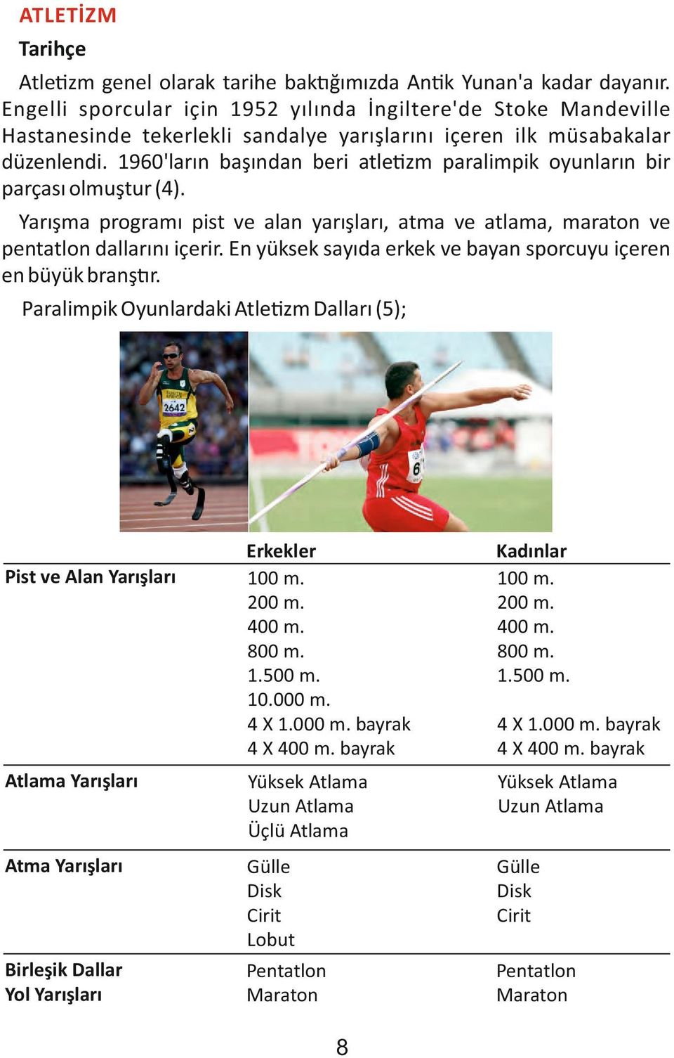 1960'ların başından beri atle zm paralimpik oyunların bir parçası olmuştur (4). Yarışma programı pist ve alan yarışları, atma ve atlama, maraton ve pentatlon dallarını içerir.