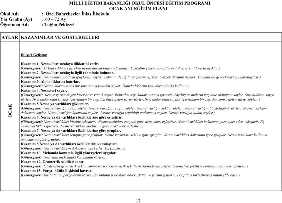 Nesne/durum/olayla ilgili tahminde bulunur. (Göstergeleri: Nesne/durum/olayın ipuçlarını söyler. Tahmini ile ilgili ipuçlarını açıklar. Gerçek durumu inceler. Tahmini ile gerçek durumu karşılaştırır.