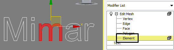 Yazı bileşenleri üzerinde "Edit Mesh" adlı modifier uygulanılarak değişiklikler yapılabilir. Örneğin yanda Element bileşeni ile bir harf yerinden başka yere taşınmıştır.