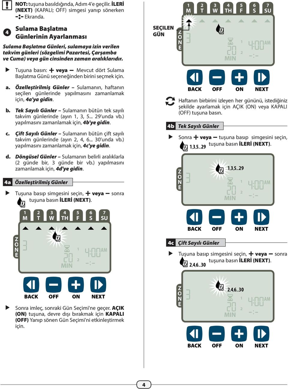 SEÇILEN GÜN Tuşuna basın: + veya Mevcut dört Sulama Başlatma Günü seçeneğinden birini seçmek için. a.