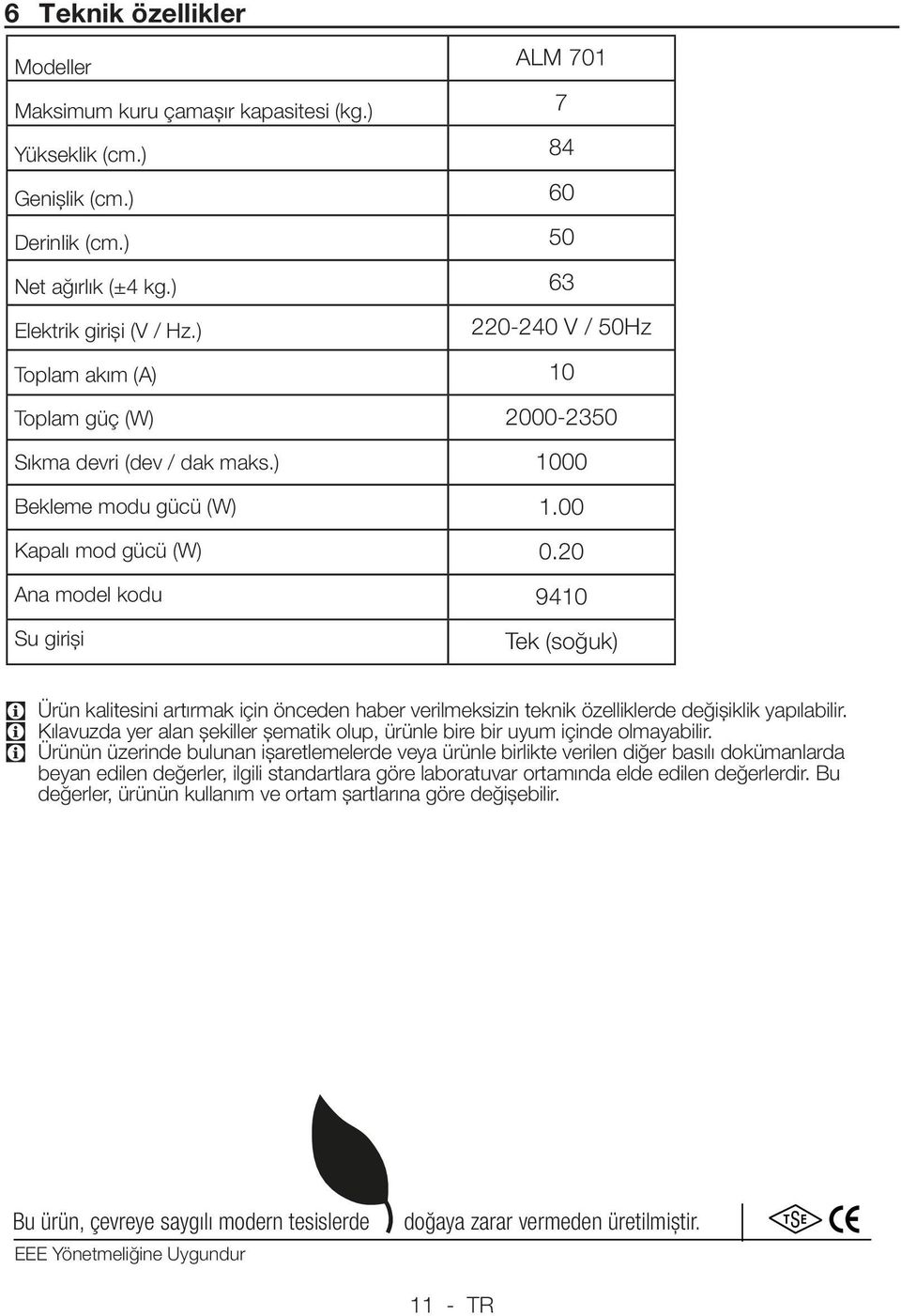 20 9410 Tek (soğuk) C Ürün kalitesini artırmak için önceden haber verilmeksizin teknik özelliklerde değişiklik yapılabilir.