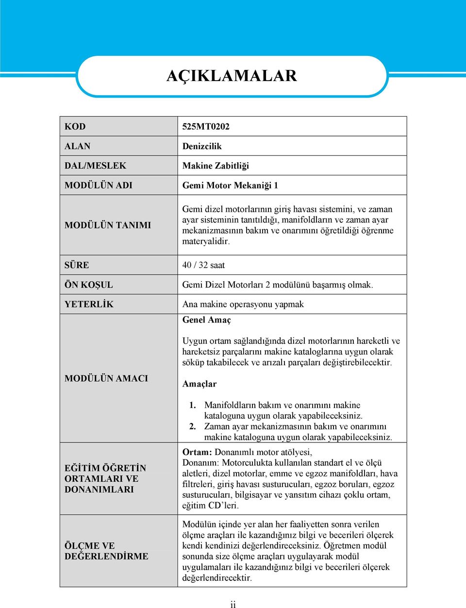 materyalidir. 40 / 32 saat Gemi izel Motorları 2 modülünü başarmış olmak.