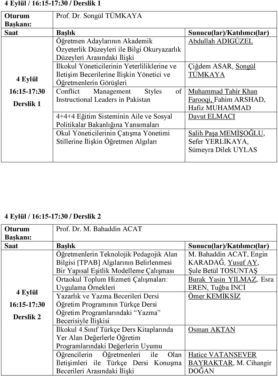 4 Eylül İletişim Becerilerine İlişkin Yönetici ve TÜMKAYA Öğretmenlerin Görüşleri 16:15-17:30 Derslik 1 Conflict Management Styles of Instructional Leaders in Pakistan 4+4+4 Eğitim Sisteminin Aile ve