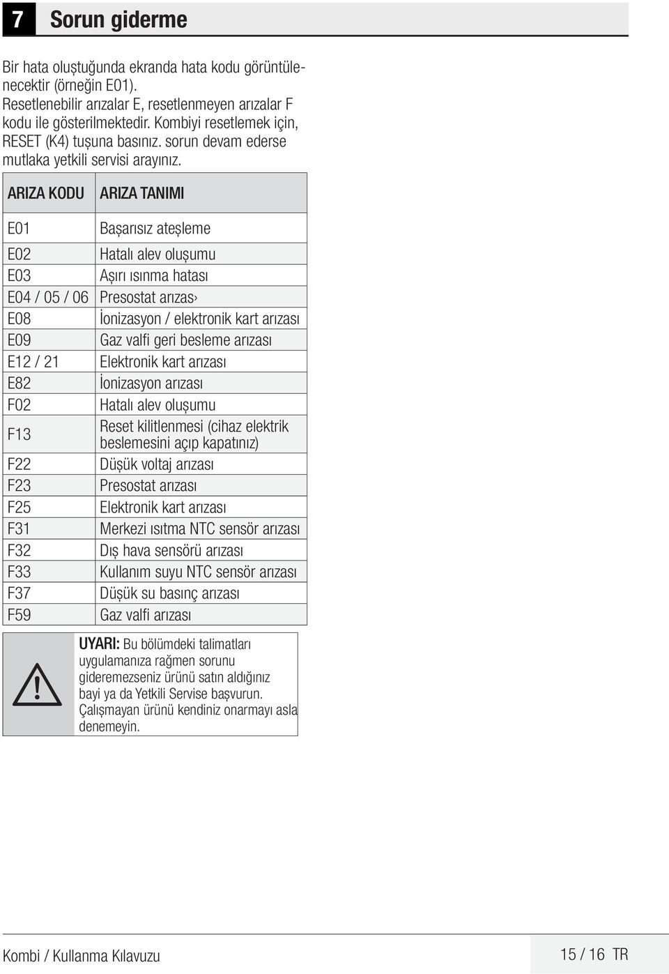 ARIZA KODU ARIZA TANIMI E01 Başarısız ateşleme E02 Hatalı alev oluşumu E03 Aşırı ısınma hatası E04 / 05 / 06 Presostat arızas E08 İonizasyon / elektronik kart arızası E09 Gaz valfi geri besleme