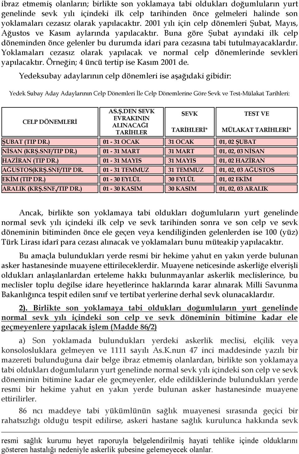 Yoklamaları cezasız olarak yapılacak ve normal celp dönemlerinde sevkleri yapılacaktır. Örneğin; 4 üncü tertip ise Kasım 2001 de.