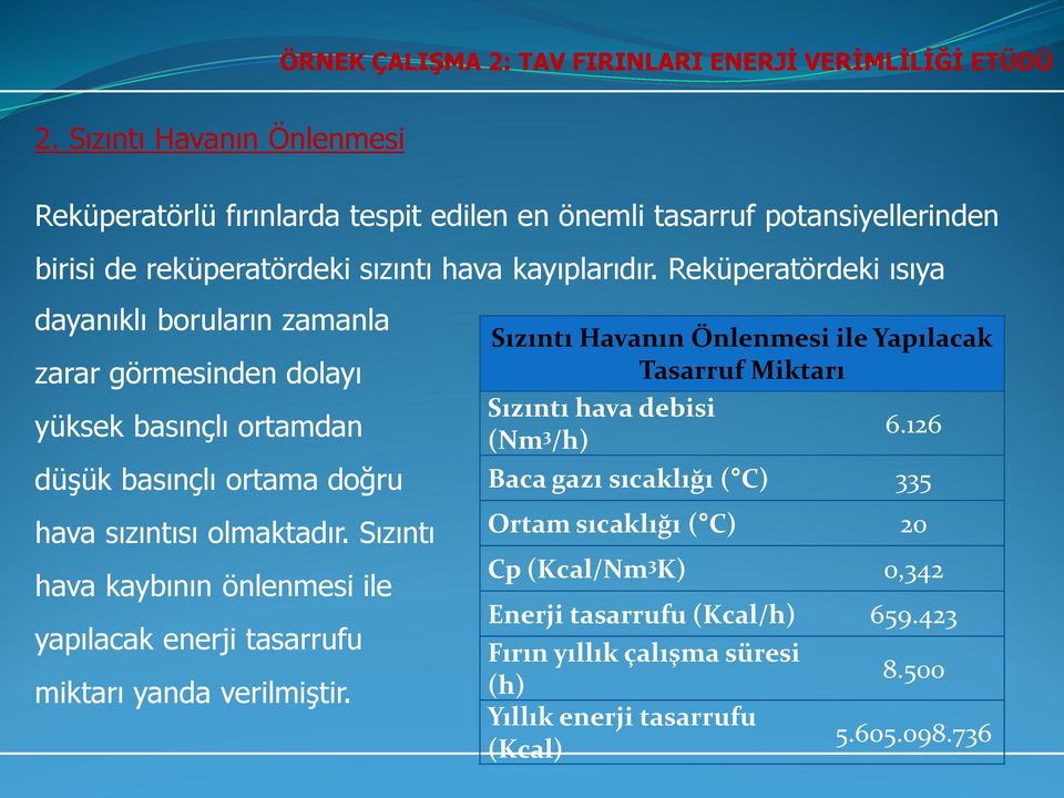 Reküperatördeki ısıya dayanıklı boruların zamanla zarar görmesinden dolayı yüksek basınçlı ortamdan düşük basınçlı ortama doğru hava sızıntısı olmaktadır.