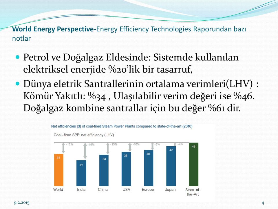 Dünya eletrik Santrallerinin ortalama verimleri(lhv) : Kömür Yakıtlı: %34,