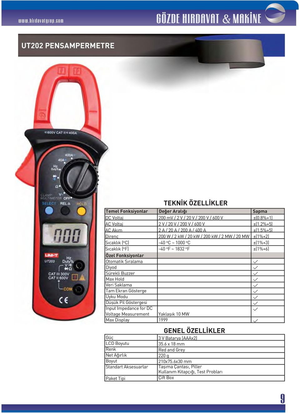 Standart Aksesuarlar Paket Tipi 200 mv / 2 V / 20 V / 200 V / 600 V 2 V / 20 V / 200 V / 600 V 2 A / 20 A / 200 A / 400 A 200 W / 2 kw / 20 kw / 200 kw / 2 MW / 20 MW -40 o C ~ 1000 o C -40 o F ~