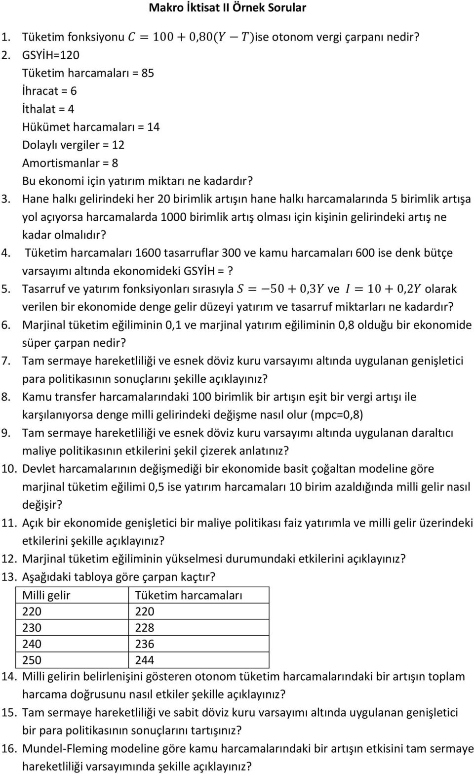 Hane halkı gelirindeki her 20 birimlik artışın hane halkı harcamalarında 5 birimlik artışa yol açıyorsa harcamalarda 1000 birimlik artış olması için kişinin gelirindeki artış ne kadar olmalıdır? 4.