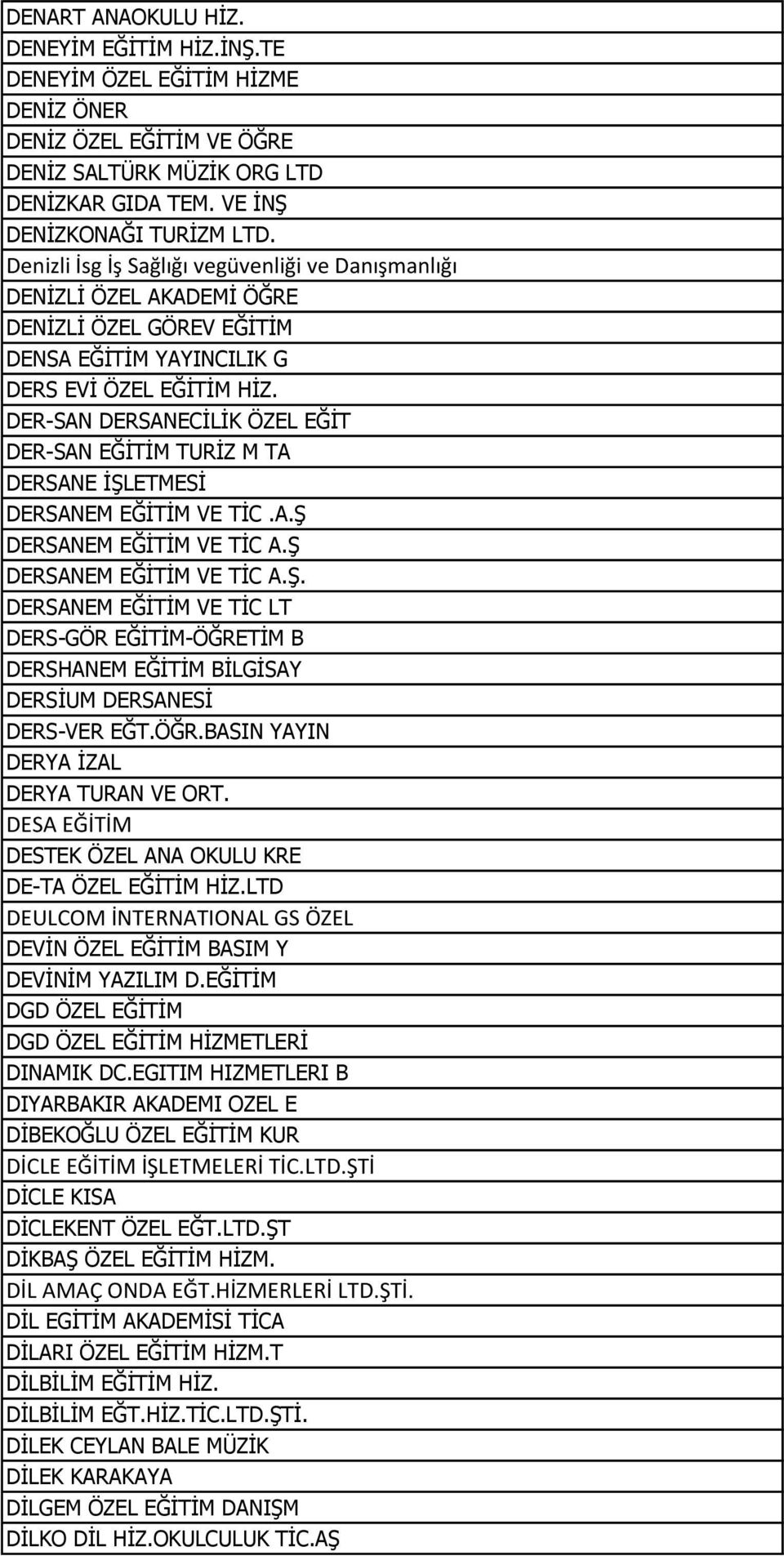 DER-SAN DERSANECİLİK ÖZEL EĞİT DER-SAN EĞİTİM TURİZ M TA DERSANE İŞLETMESİ DERSANEM EĞİTİM VE TİC.A.Ş DERSANEM EĞİTİM VE TİC A.Ş DERSANEM EĞİTİM VE TİC A.Ş. DERSANEM EĞİTİM VE TİC LT DERS-GÖR EĞİTİM-ÖĞRETİM B DERSHANEM EĞİTİM BİLGİSAY DERSİUM DERSANESİ DERS-VER EĞT.