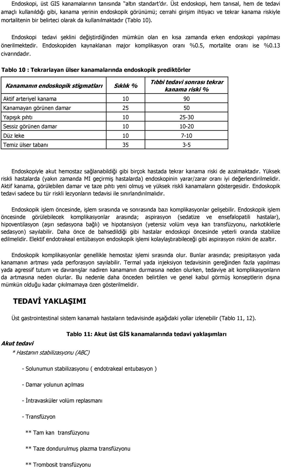 kullanılmaktadır (Tablo 10). Endoskopi tedavi şeklini değiştirdiğinden mümkün olan en kısa zamanda erken endoskopi yapılması önerilmektedir. Endoskopiden kaynaklanan major komplikasyon oranı %0.