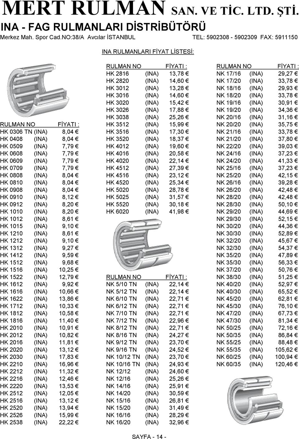 20/20 (INA) 35,75 HK 0306 TN (INA) 8,04 HK 3516 (INA) 17,30 NK 21/16 (INA) 33,78 HK 0408 (INA) 8,04 HK 3520 (INA) 18,37 NK 21/20 (INA) 37,80 HK 0509 (INA) 7,79 HK 4012 (INA) 19,60 NK 22/20 (INA)