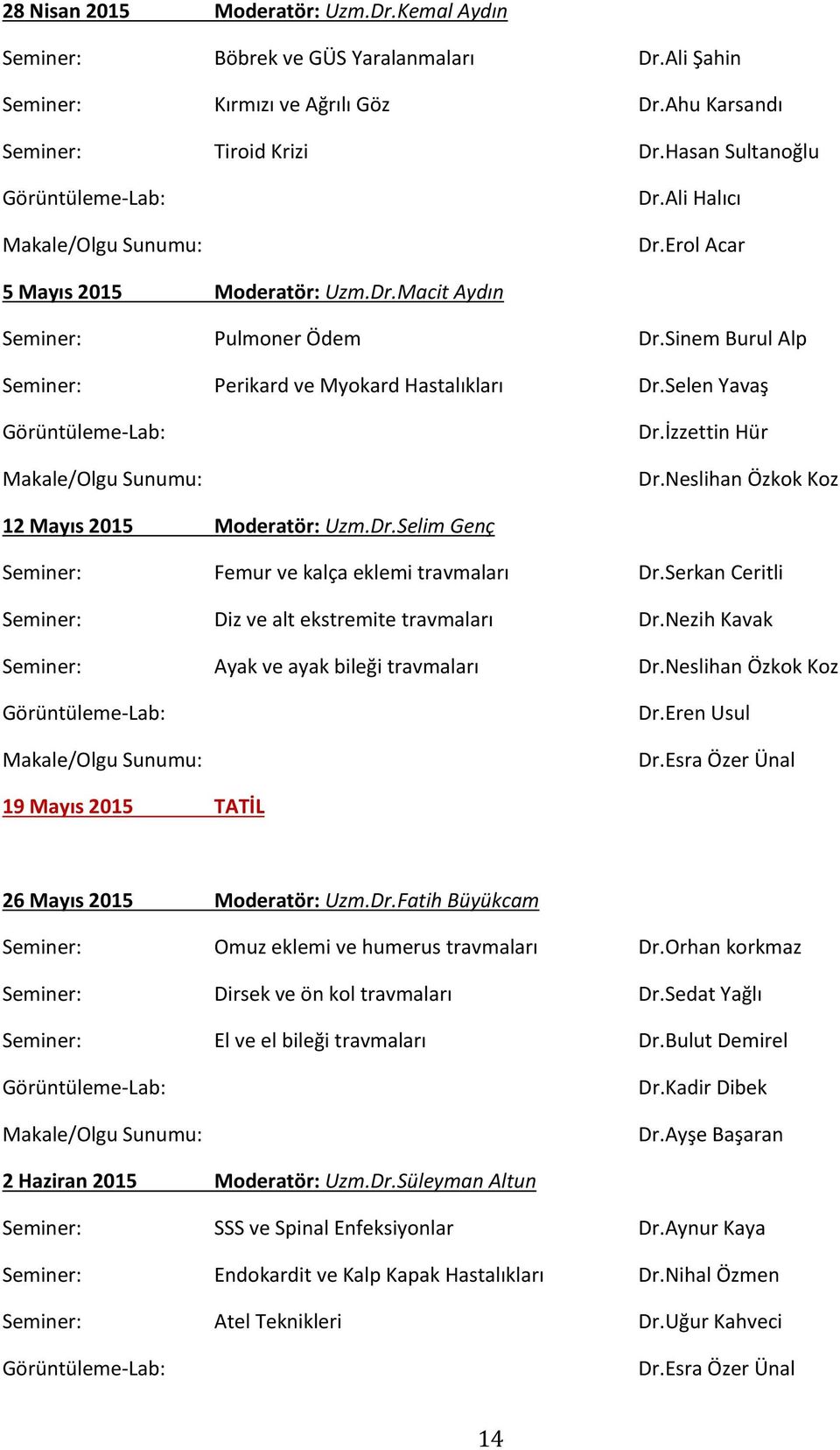 Sinem Burul Alp Seminer: Perikard ve Myokard Hastalıkları Dr.Selen Yavaş Görüntüleme-Lab: Makale/Olgu Sunumu: Dr.İzzettin Hür Dr.Neslihan Özkok Koz 12 Mayıs 2015 Moderatör: Uzm.Dr.Selim Genç Seminer: Femur ve kalça eklemi travmaları Dr.