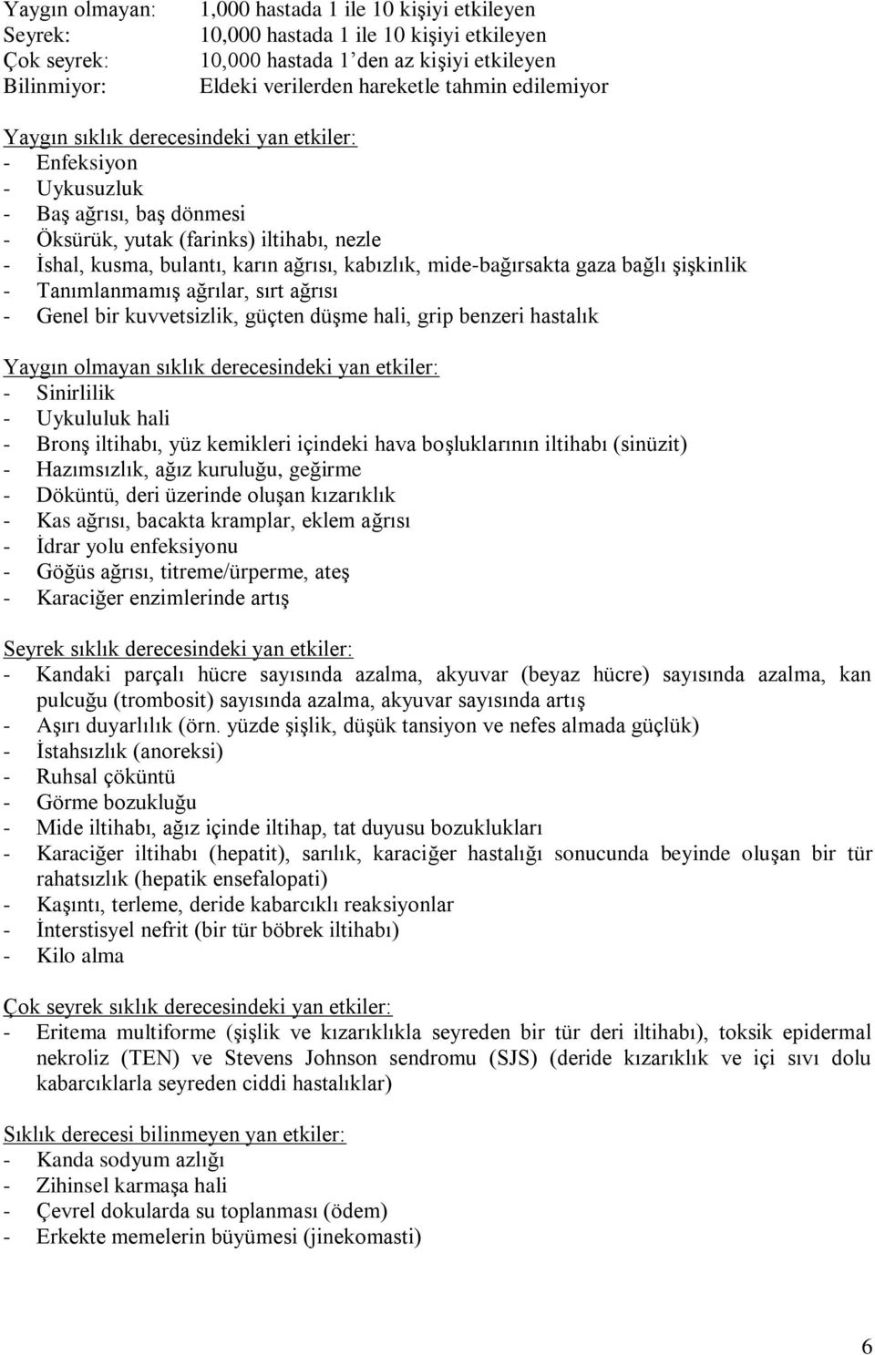 kabızlık, mide-bağırsakta gaza bağlı şişkinlik - Tanımlanmamış ağrılar, sırt ağrısı - Genel bir kuvvetsizlik, güçten düşme hali, grip benzeri hastalık Yaygın olmayan sıklık derecesindeki yan etkiler: