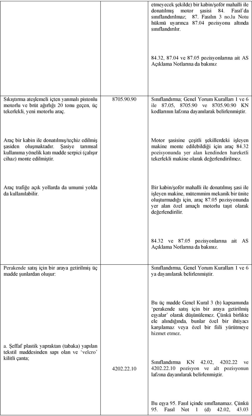 90 Sınıflandırma; Genel Yorum Kuralları 1 ve 6 ile 87.05, 8705.90 ve 8705.90.90 KN kodlarının lafzına dayanılarak Araç bir kabin ile donatılmış/teçhiz edilmiş şasiden oluşmaktadır.