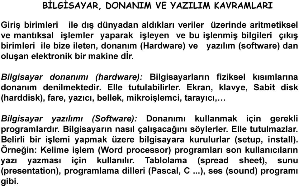 Elle tutulabilirler. Ekran, klavye, Sabit disk (harddisk), fare, yazıcı, bellek, mikroişlemci, tarayıcı, Bilgisayar yazılımı (Software): Donanımı kullanmak için gerekli programlardır.