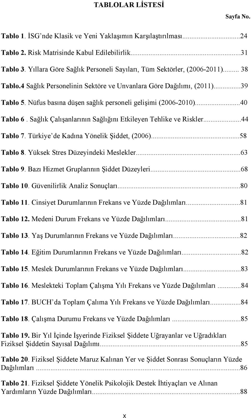 Nüfus basına düşen sağlık personeli gelişimi (2006-2010)...40 Tablo 6. Sağlık Çalışanlarının Sağlığını Etkileyen Tehlike ve Riskler...44 Tablo 7. Türkiye de Kadına Yönelik Şiddet, (2006)...58 Tablo 8.