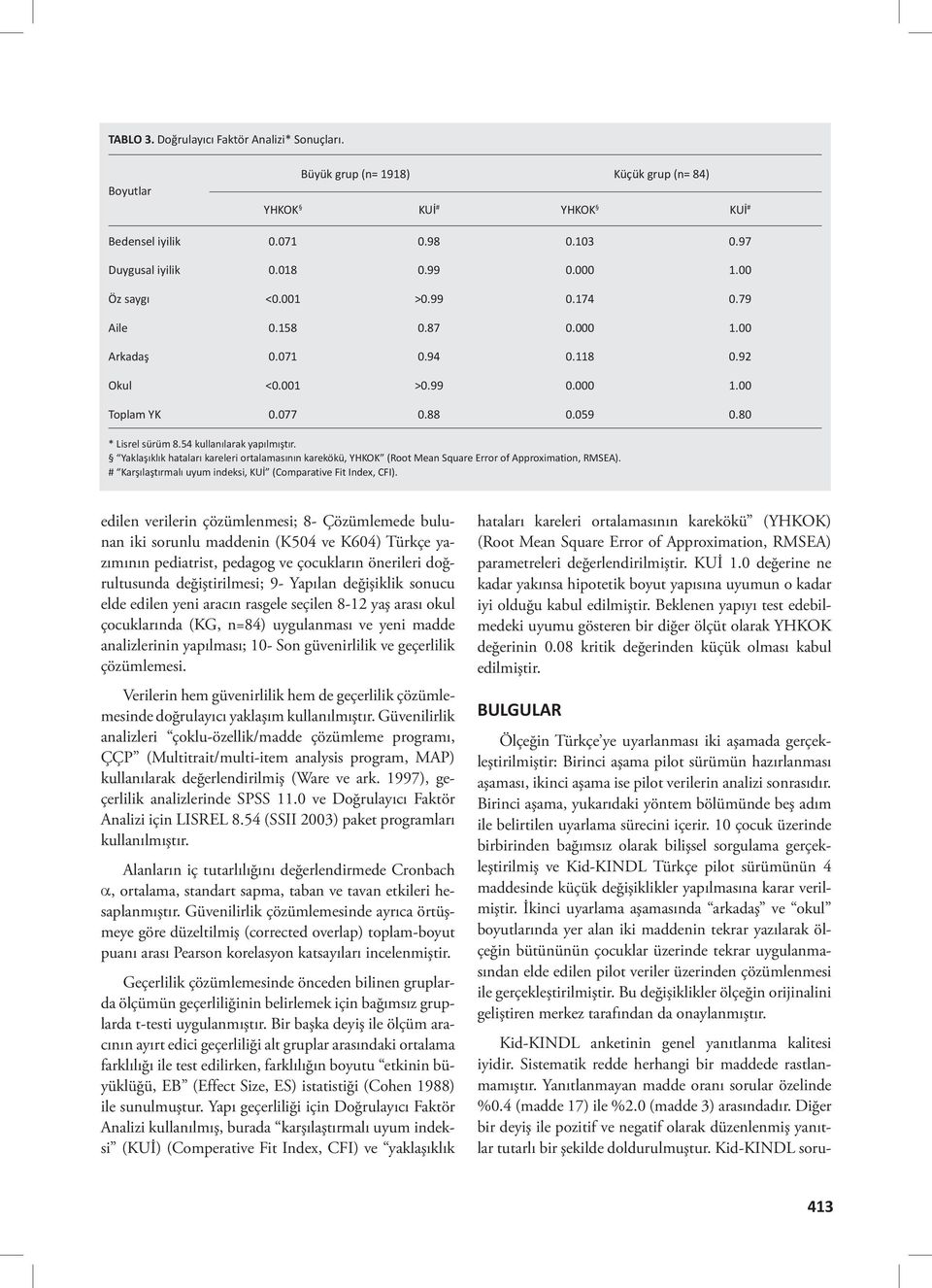 Yaklaşıklık hataları kareleri ortalamasının karekökü, YHKOK (Root Mean Square Error of Approximation, RMSEA). # Karşılaştırmalı uyum indeksi, KUİ (Comparative Fit Index, CFI).