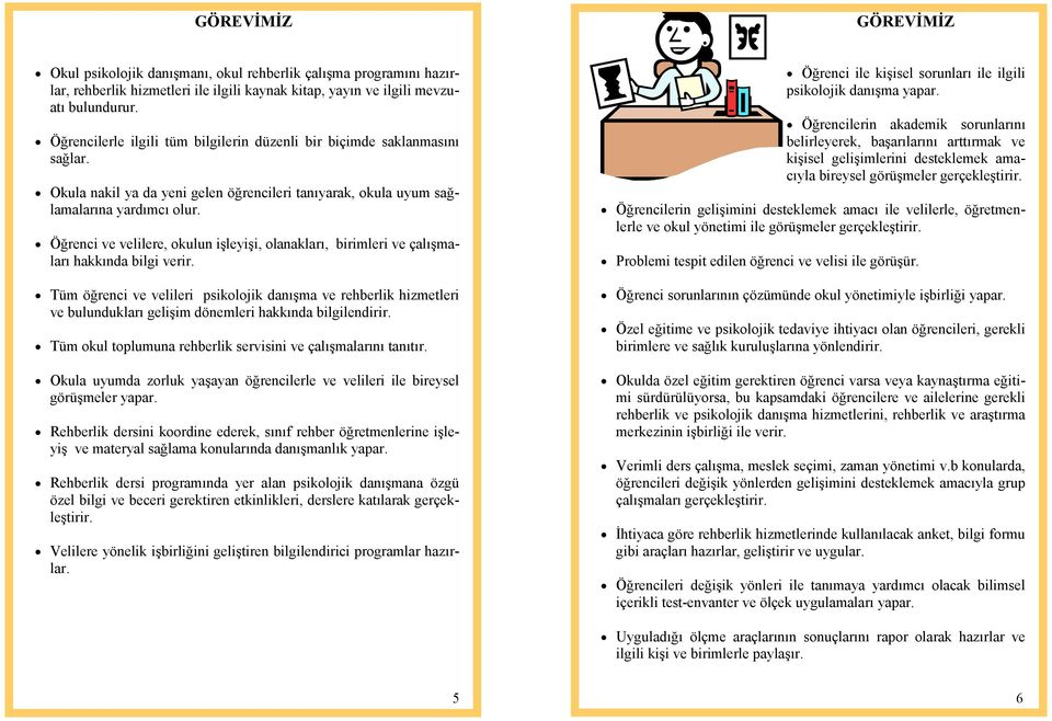 Öğrenci ve velilere, okulun işleyişi, olanakları, birimleri ve çalışmaları hakkında bilgi verir.