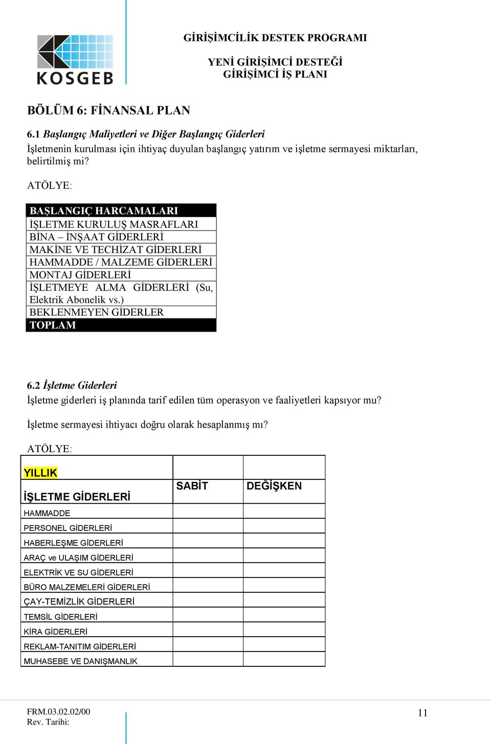 Abonelik vs.) BEKLENMEYEN GİDERLER TOPLAM 6.2 İşletme Giderleri İşletme giderleri iş planında tarif edilen tüm operasyon ve faaliyetleri kapsıyor mu?