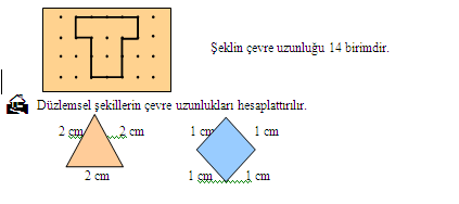 LIK- OCAK 16. 30 LIK- 03 OCAK 4 ALANI: ÖLÇME ALT ALANLARI : ÇEVRE İLİŞKİLEN Çevre 1. Nesnelerin çevrelerini belirler. Çevre 2. Düzlemsel şekillerin çevre uzunluğunu hesaplar.