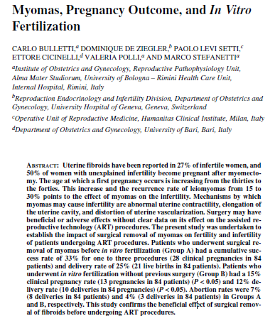 84 er hasta IVF öncesi Myomektomi %25 doğum oranı %33 gebelik oranı Myomektomi %12