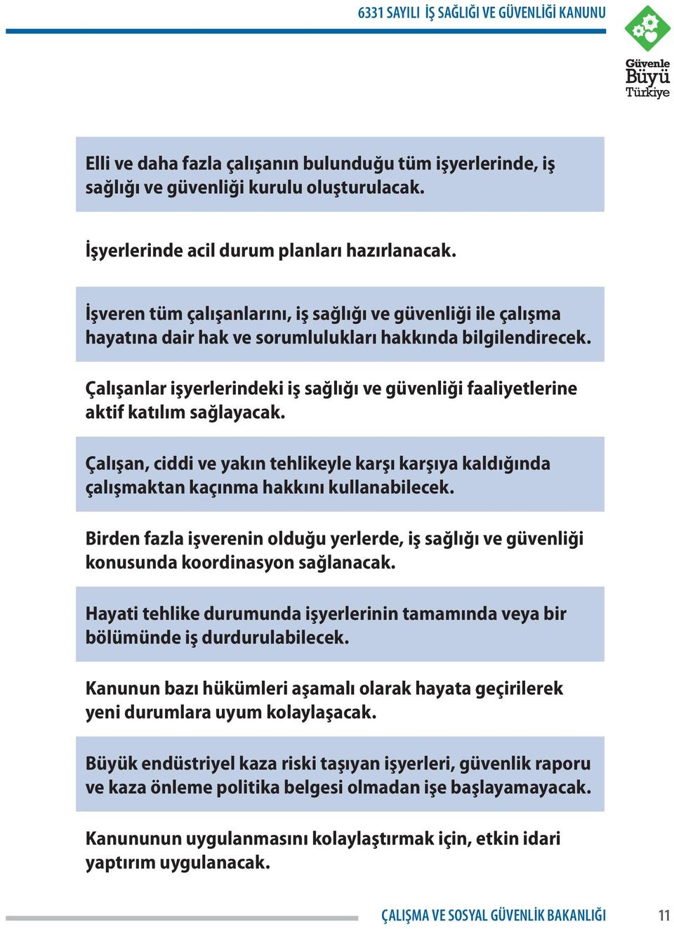 Çalışanlar işyerlerindeki iş sağlığı ve güvenliği faaliyetlerine aktif katılım sağlayacak. Çalışan, ciddi ve yakın tehlikeyle karşı karşıya kaldığında çalışmaktan kaçınma hakkını kullanabilecek.