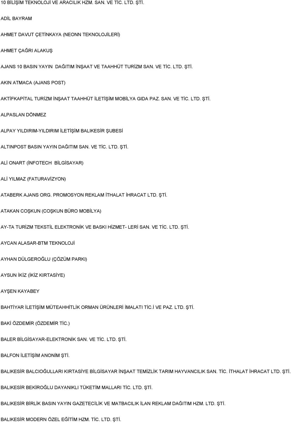 VE TİC. LTD. ŞTİ. ALİ ONART (İNFOTECH BİLGİSAYAR) ALİ YILMAZ (FATURAVİZYON) ATABERK AJANS ORG. PROMOSYON REKLAM İTHALAT İHRACAT LTD. ŞTİ. ATAKAN COŞKUN (COŞKUN BÜRO MOBİLYA) AY-TA TURİZM TEKSTİL ELEKTRONİK VE BASKI HİZMET- LERİ SAN.