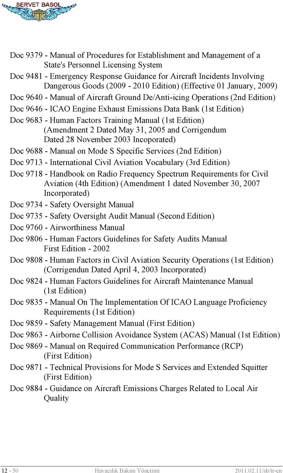 - Human Factors Training Manual (1st Edition) (Amendment 2 Dated May 31, 2005 and Corrigendum Dated 28 November 2003 Incoporated) Doc 9688 - Manual on Mode S Specific Services (2nd Edition) Doc 9713