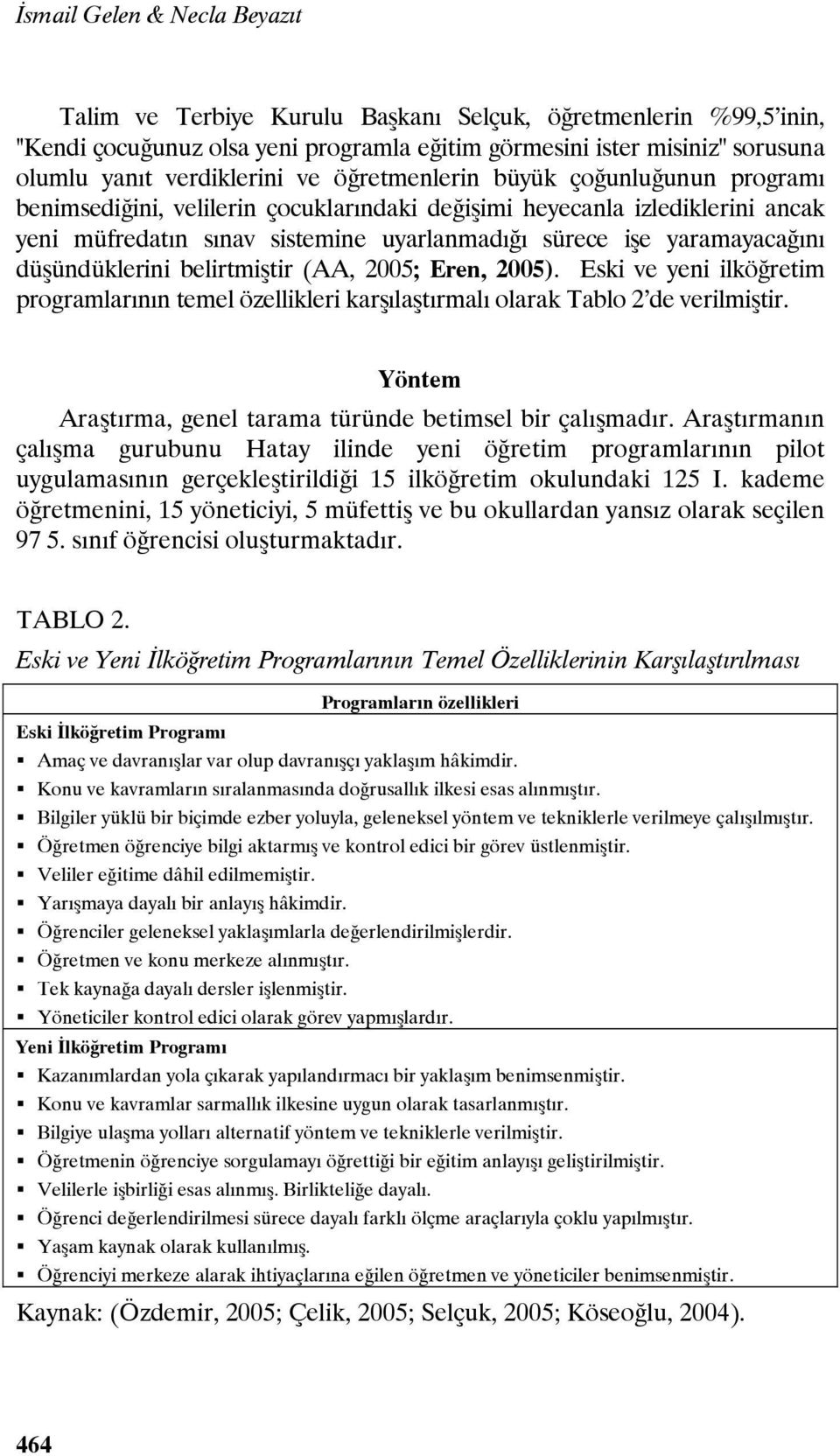 yaramayacağını düşündüklerini belirtmiştir (AA, 2005; Eren, 2005). Eski ve yeni ilköğretim programlarının temel özellikleri karşılaştırmalı olarak Tablo 2 de verilmiştir.