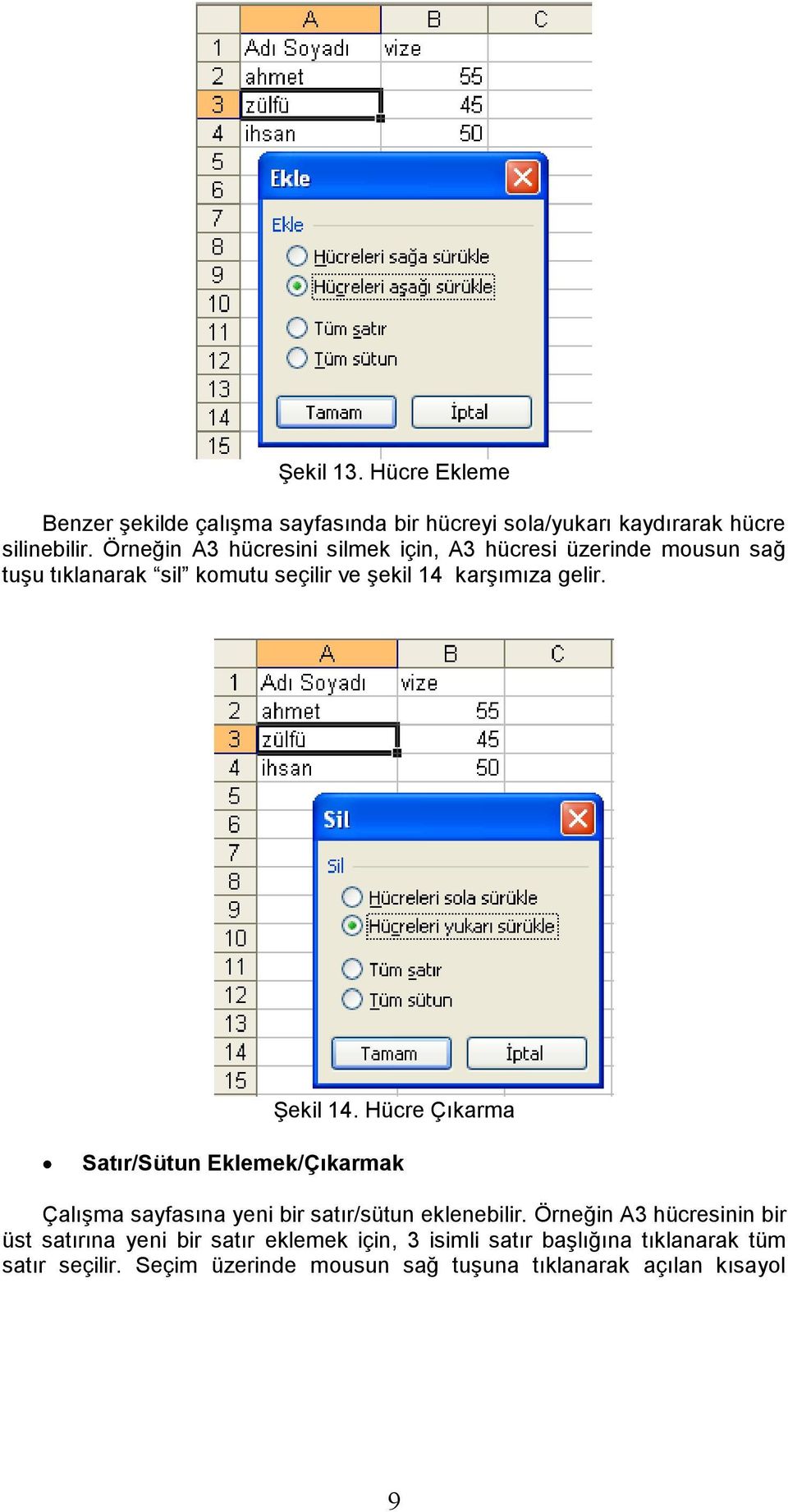 Şekil 14. Hücre Çıkarma Satır/Sütun Eklemek/Çıkarmak Çalışma sayfasına yeni bir satır/sütun eklenebilir.