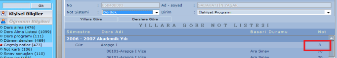 Ders programında, gün ve saate göre ders ve dersin verildiği derslik adı bulunur. İmleç herhangi bir dersin üzerine getirildiğinde o dersin adı ve ders saati görüntülenebilir.