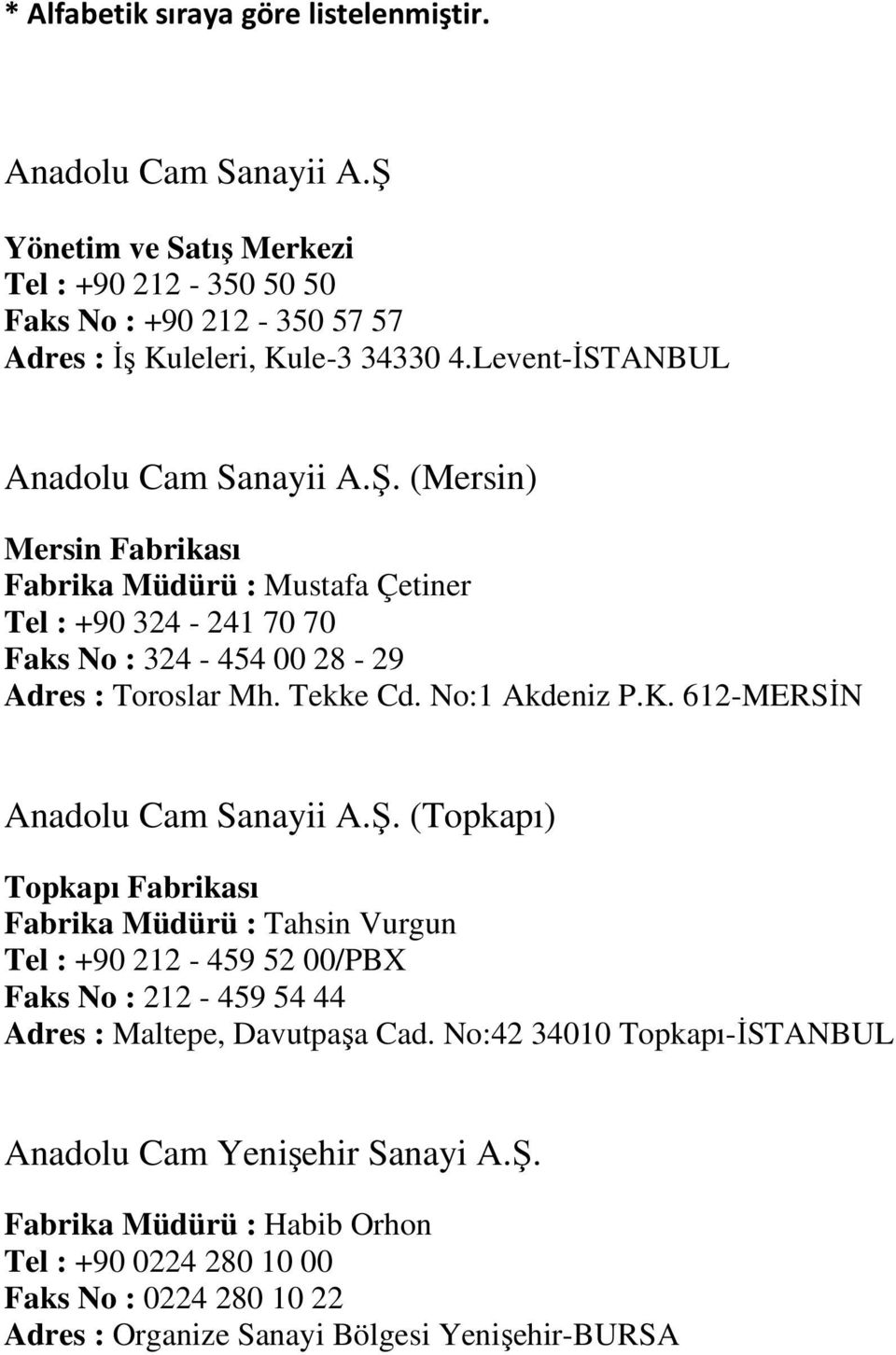 No:1 Akdeniz P.K. 612-MERSİN Anadolu Cam Sanayii A.Ş.