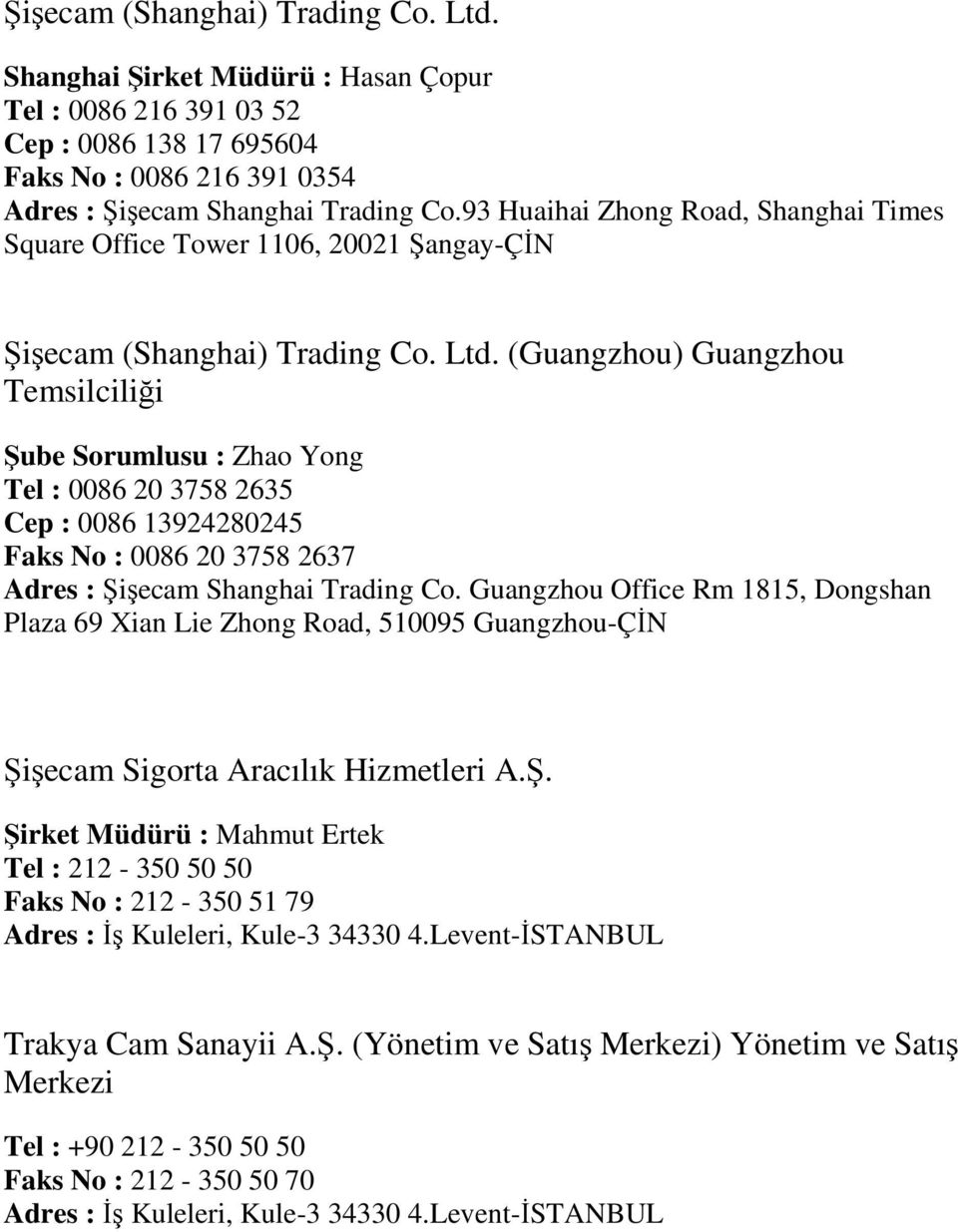 (Guangzhou) Guangzhou Temsilciliği Şube Sorumlusu : Zhao Yong Tel : 0086 20 3758 2635 Cep : 0086 13924280245 Faks No : 0086 20 3758 2637 Adres : Şişecam Shanghai Trading Co.