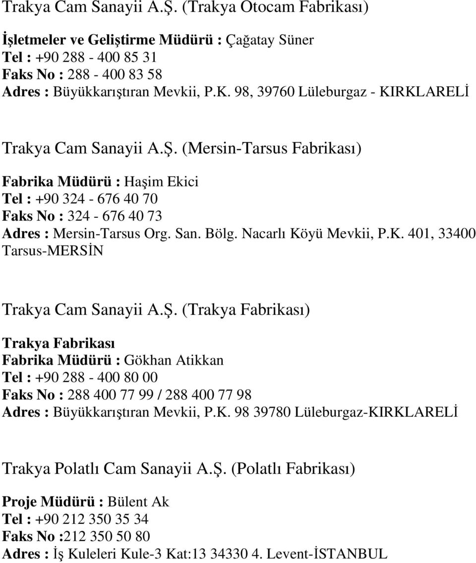 Nacarlı Köyü Mevkii, P.K. 401, 33400 Tarsus-MERSİN Trakya Cam Sanayii A.Ş.