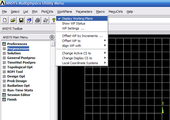 Work Plane, ANSYS oturumu açıldığında utility menü çubuğunda yer almaktadır.