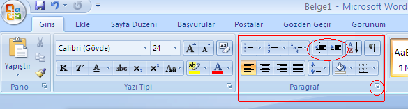 İçeri Girdiler Paragraf biçimlendirme kırmızı dikdörtgen ile çevrelenmiş alandan yapılmaktadır. İçeri girdiler sayfa sınırları içinde paragrafın içe ya da dışa doğru hareket etmesini sağlarlar.