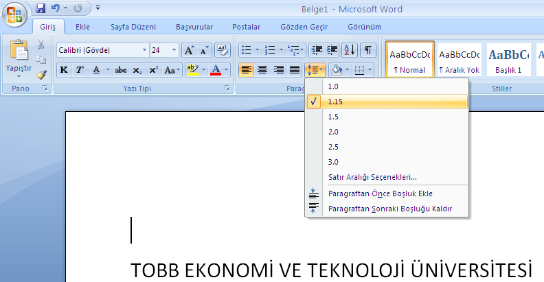 Satır Aralıklarını Değiştirmek Paragraftaki satır aralıkları istenirse değiştirilebilmektedir.