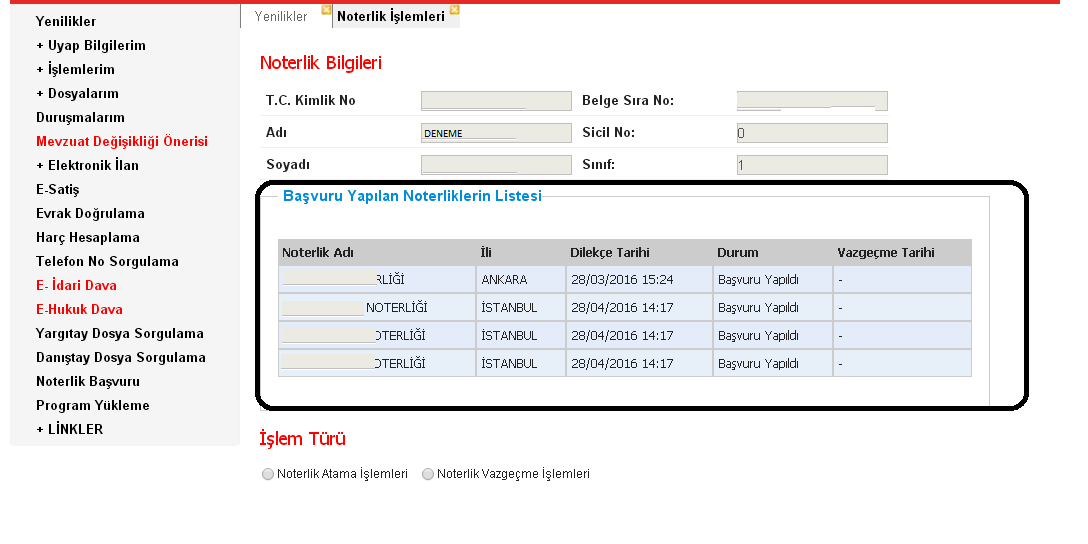 (g) Başvuru işlemi bittikten sonra, tekrar Noterlik Başvuru linki tıklanırsa