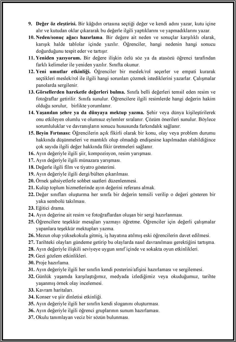 Yeniden yazıyorum. Bir değere ilişkin özlü söz ya da atasözü öğrenci tarafından farklı kelimeler ile yeniden yazılır. Sınıfta okunur. 12. Yeni umutlar etkinliği.