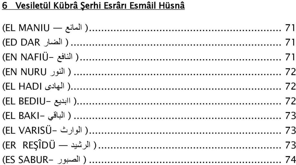 .. 72 الهادى (EL HADI )... 72 اابديع BEDIU- (EL... 73 ) الباقي BAKI- (EL ).