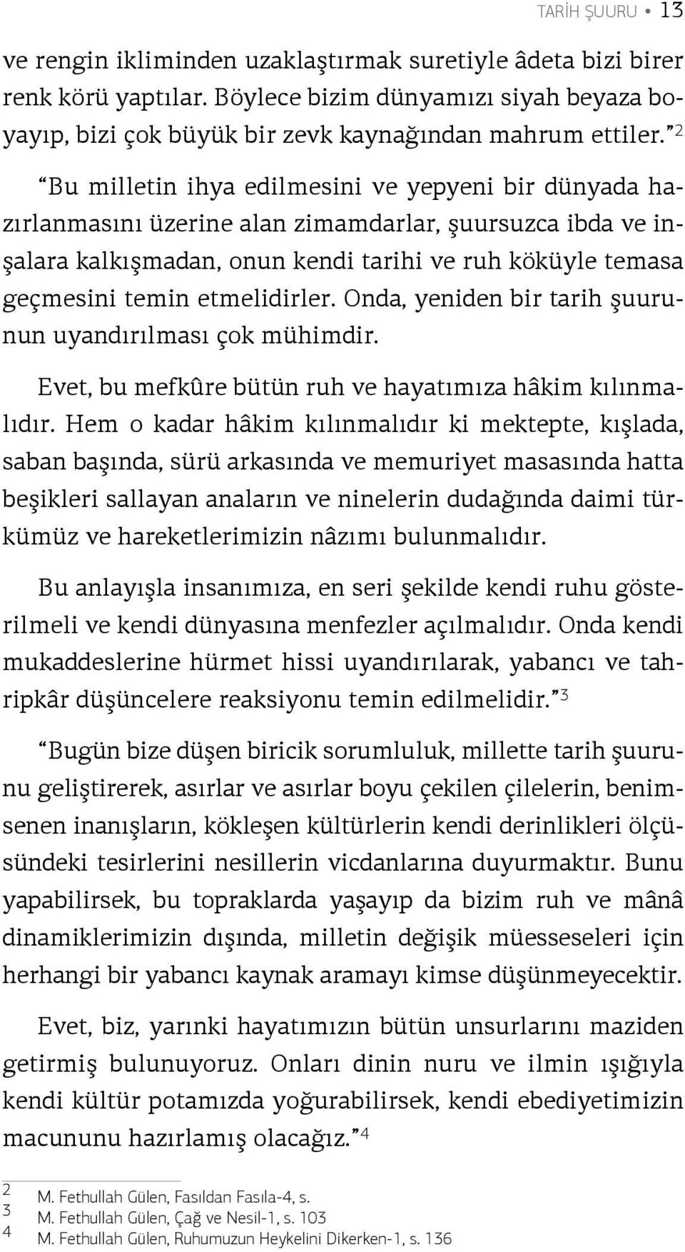 etmelidirler. Onda, yeniden bir tarih şuurunun uyandırılması çok mühimdir. Evet, bu mefkûre bütün ruh ve hayatımıza hâkim kılınmalıdır.