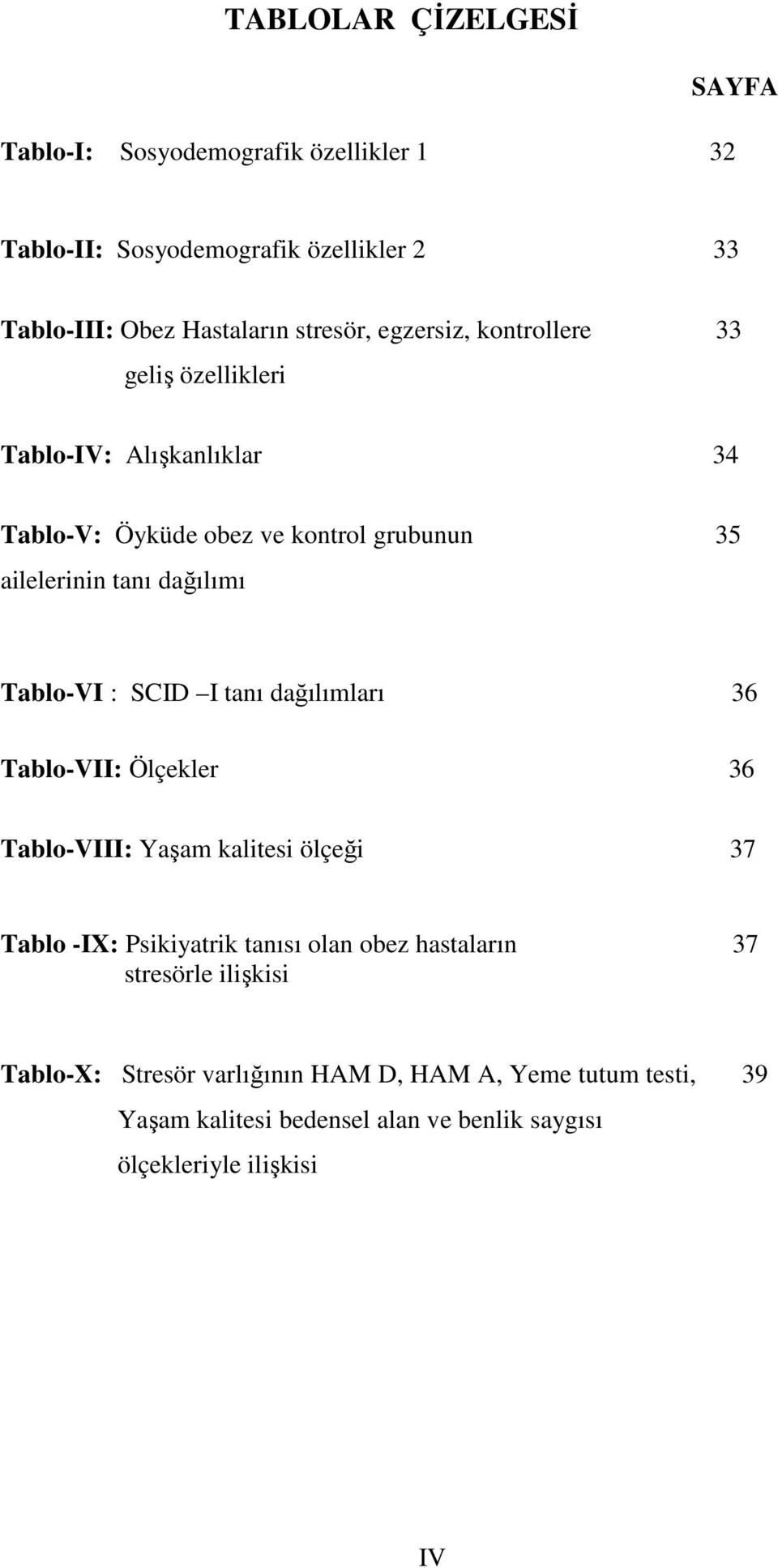 Tablo-VI : SCID I tanı dağılımları 36 Tablo-VII: Ölçekler 36 Tablo-VIII: Yaşam kalitesi ölçeği 37 Tablo -IX: Psikiyatrik tanısı olan obez