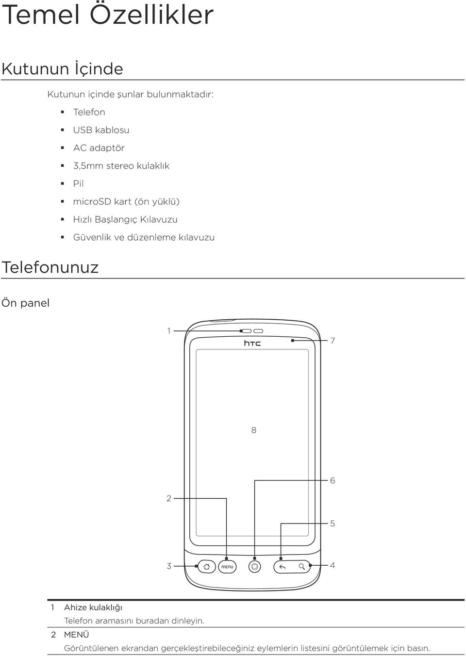 Güvenlik ve düzenleme kılavuzu Ön panel 1 7 8 6 2 5 3 4 1 Ahize kulaklığı Telefon aramasını