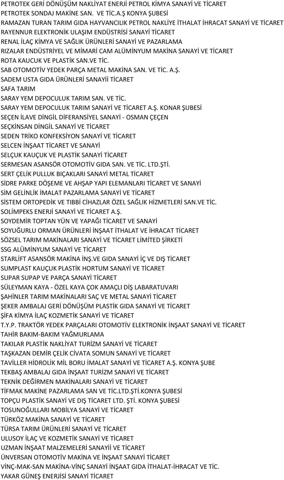 ELEKTRONİK ULAŞIM ENDÜSTRİSİ SANAYİ TİCARET RENAL İLAÇ KİMYA VE SAĞLIK ÜRÜNLERİ SANAYİ VE PAZARLAMA RIZALAR ENDÜSTRİYEL VE MİMARİ CAM ALÜMİNYUM MAKİNA SANAYİ VE TİCARET ROTA KAUCUK VE PLASTİK SAN.