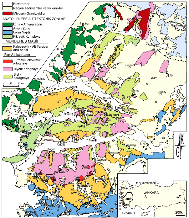 Buldan (Denizli) Yöresindeki Metamagmatik ve Magmatik Kayaçların Jeolojisi ve Petrografisi 13 Inceleme alanı alanı Şekil 2: Menderes Masifi'nde Pan-Afrikan yaşlı ortognaysların genel dağılımı.
