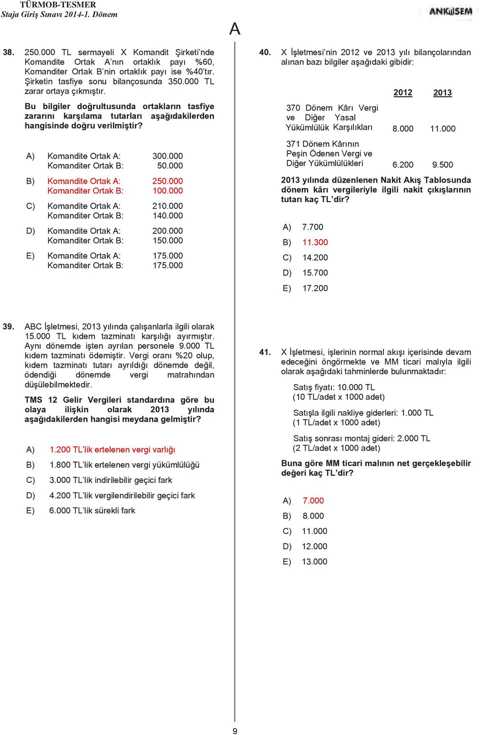 000 Komanditer Ortak B: 50.000 B) Komandite Ortak : 250.000 Komanditer Ortak B: 100.000 C) Komandite Ortak : 210.000 Komanditer Ortak B: 140.000 D) Komandite Ortak : 200.000 Komanditer Ortak B: 150.